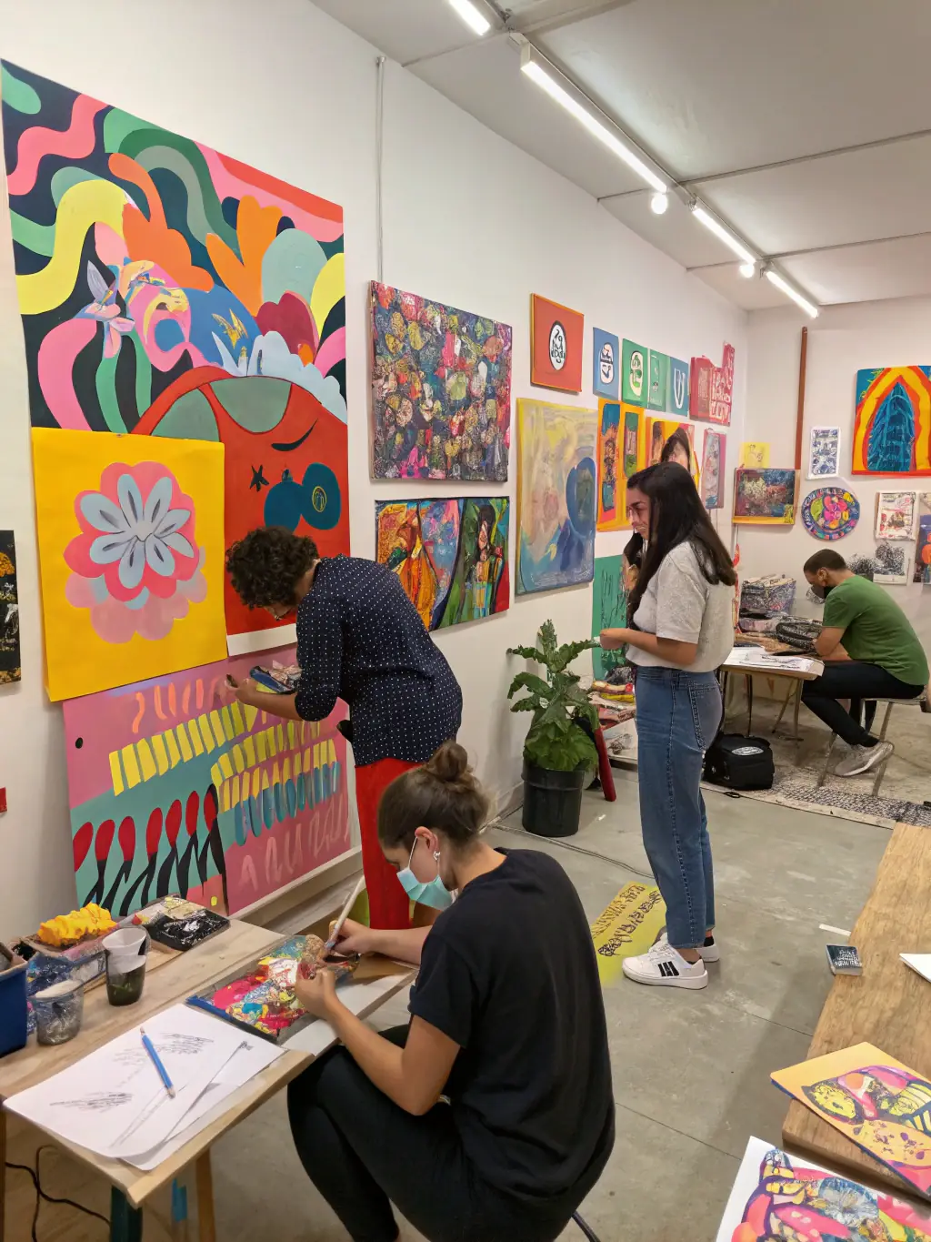 A picture of a renovated studio space provided by Mandoline River, showing artists working in a well-equipped environment, highlighting the organization's support for artists' workspaces.