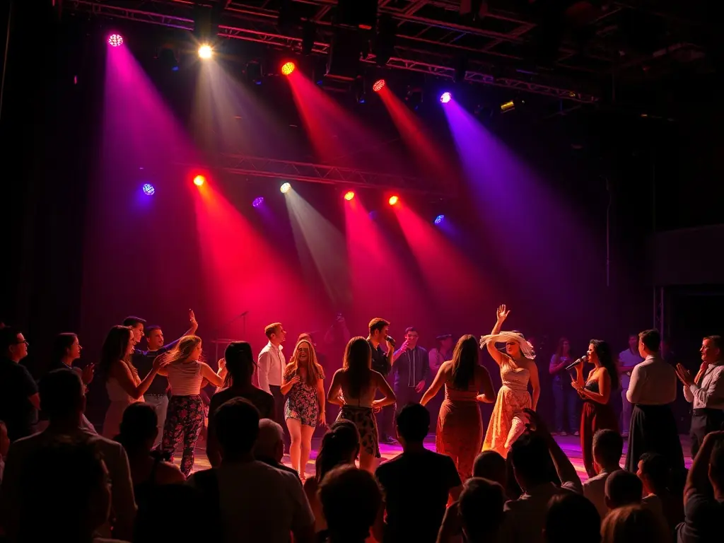 A dynamic image of a cultural event organized by MANDOLINE RIVER, featuring performers on stage and an engaged audience, capturing the energy and excitement of the event.