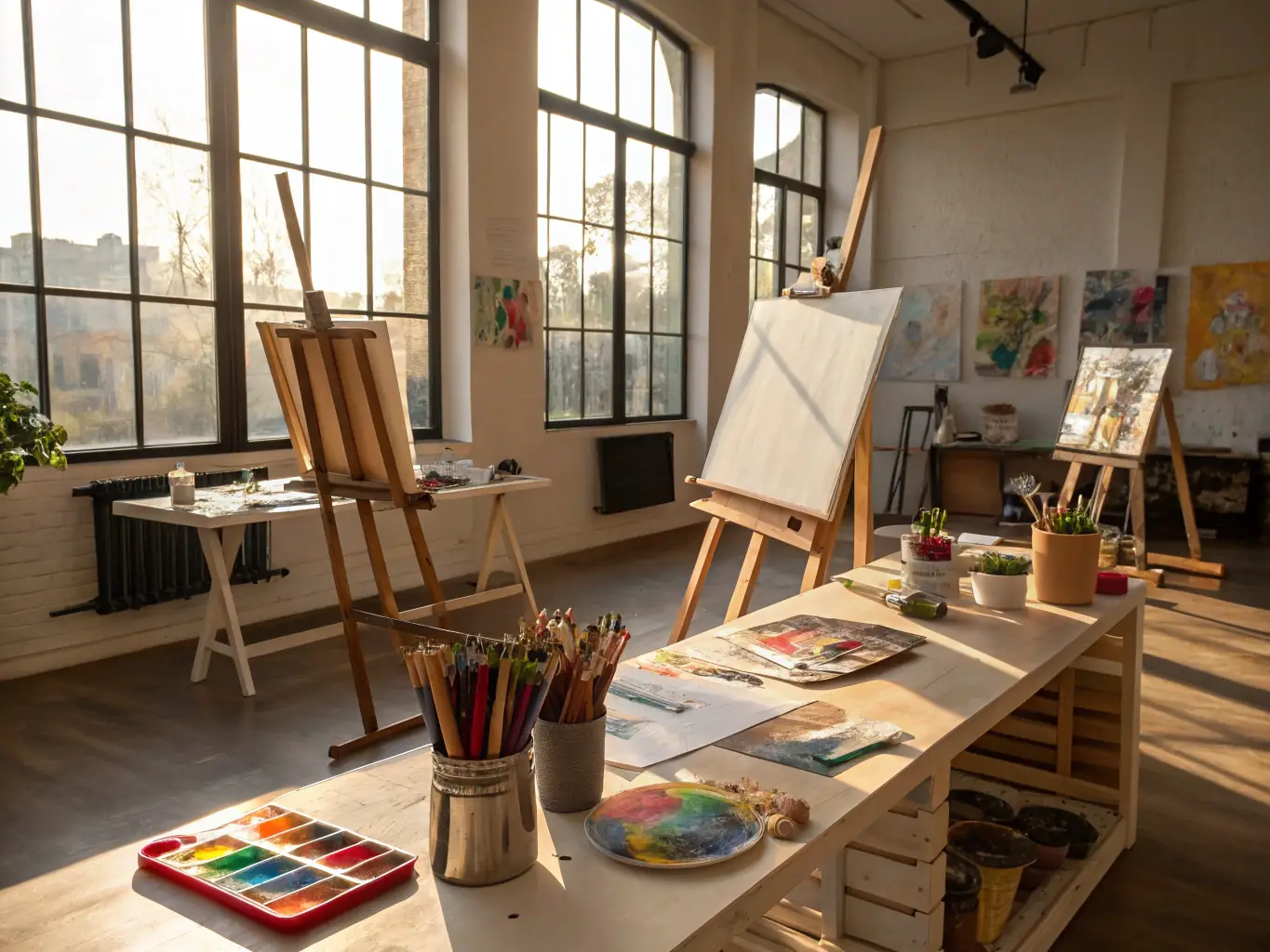 A vibrant image showcasing artists collaborating in a shared workspace, surrounded by various art supplies and ongoing projects, reflecting the collaborative spirit of MANDOLINE RIVER's residency program.