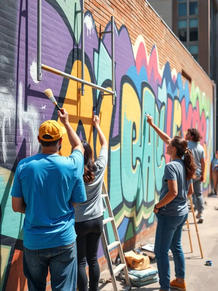 A vibrant photograph capturing a group of artists collaborating on a mural in a community space, showcasing the collaborative spirit of Mandoline River's art programs.